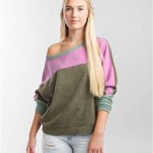 Free People Pink and Green Off-Shoulder Sweater
